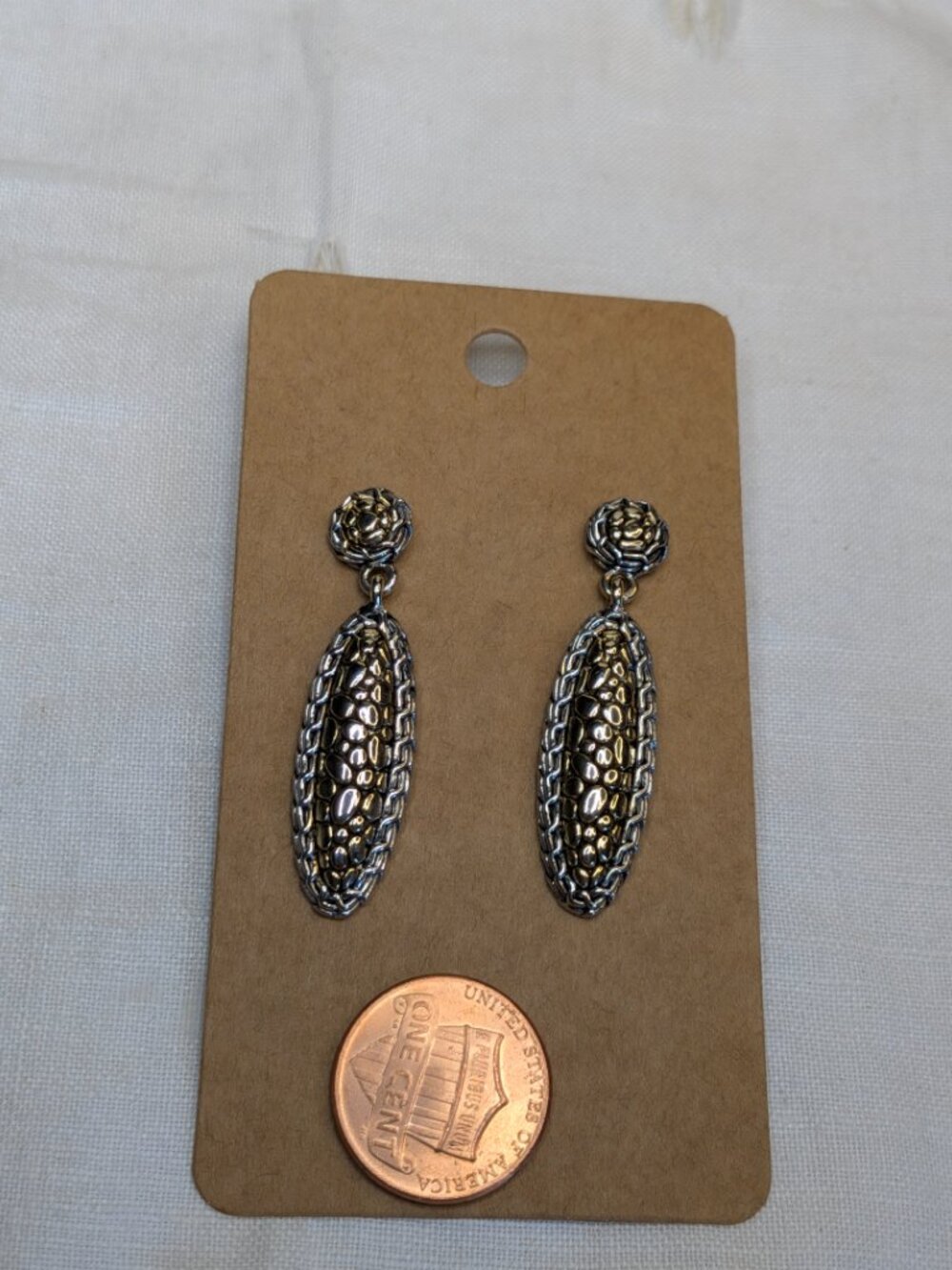 Two‑Tone Textured Oval Dangle Earrings – Sculptural Artisan Style - Picture 2 of 6